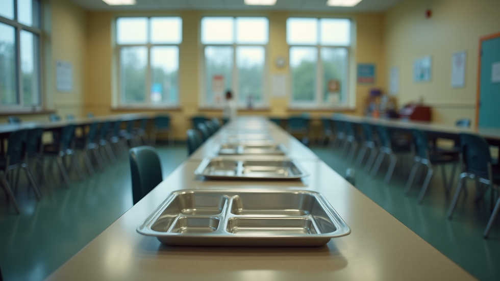 Eye-level view of a school cafeteria with empty lunch trays