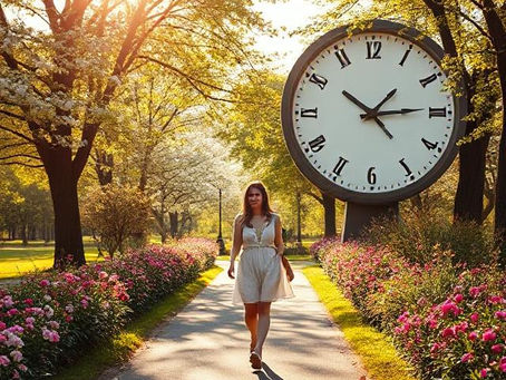 A imagem mostra uma pessoa caminhando por um caminho em um parque, cercada por árvores floridas e flores coloridas. A pessoa está vestindo um vestido amarelo e parece estar relaxando enquanto anda. Ao fundo, há um grande relógio, simbolizando a passagem do tempo, que é visível entre as árvores. A luz do sol brilha suavemente, criando uma atmosfera tranquila e acolhedora. A cena transmite uma sensação de paz e a importância de aproveitar o momento.