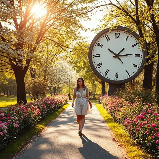 A imagem mostra uma pessoa caminhando por um caminho em um parque, cercada por árvores floridas e flores coloridas. A pessoa está vestindo um vestido amarelo e parece estar relaxando enquanto anda. Ao fundo, há um grande relógio, simbolizando a passagem do tempo, que é visível entre as árvores. A luz do sol brilha suavemente, criando uma atmosfera tranquila e acolhedora. A cena transmite uma sensação de paz e a importância de aproveitar o momento.