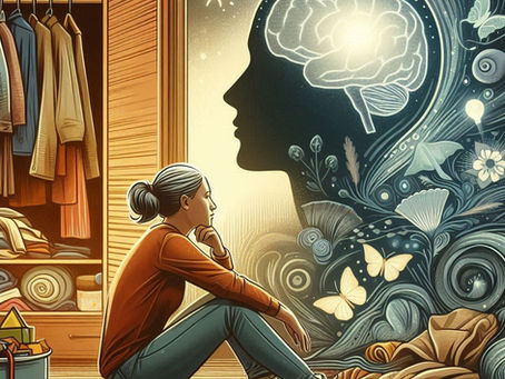 A imagem mostra uma mulher sentada no chão de um quarto ou closet, em posição pensativa, observando uma grande silhueta de cabeça humana iluminada à sua frente. Dentro da silhueta da cabeça, há uma representação estilizada do cérebro brilhando. Ao redor da silhueta, elementos naturais como borboletas, flores e plantas fluem em padrões artísticos, simbolizando pensamentos, crescimento e transformação. Do lado esquerdo, há um armário com roupas penduradas e prateleiras organizadas, sugerindo um ambiente cotidiano e íntimo. A iluminação cria um contraste suave entre o espaço físico onde a mulher está e o espaço mais abstrato da mente representada na silhueta. A imagem transmite reflexão, adaptação, autoconhecimento e conexão entre o mundo interior e exterior.