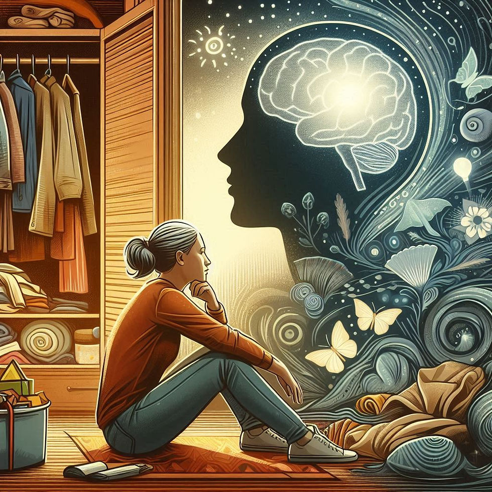 A imagem mostra uma mulher sentada no chão de um quarto ou closet, em posição pensativa, observando uma grande silhueta de cabeça humana iluminada à sua frente. Dentro da silhueta da cabeça, há uma representação estilizada do cérebro brilhando. Ao redor da silhueta, elementos naturais como borboletas, flores e plantas fluem em padrões artísticos, simbolizando pensamentos, crescimento e transformação. Do lado esquerdo, há um armário com roupas penduradas e prateleiras organizadas, sugerindo um ambiente cotidiano e íntimo. A iluminação cria um contraste suave entre o espaço físico onde a mulher está e o espaço mais abstrato da mente representada na silhueta. A imagem transmite reflexão, adaptação, autoconhecimento e conexão entre o mundo interior e exterior.