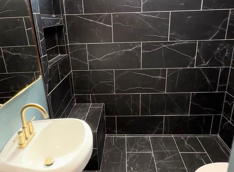 Custom tile walk-in shower with linear drain built by Matteson Contracting in Oregon