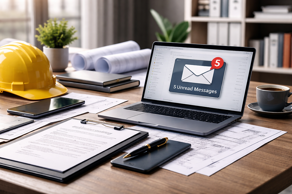 Zakelijke werkplek met bouwdocumenten en laptop als illustratie van juridische stappen wanneer een aannemer niet reageert.