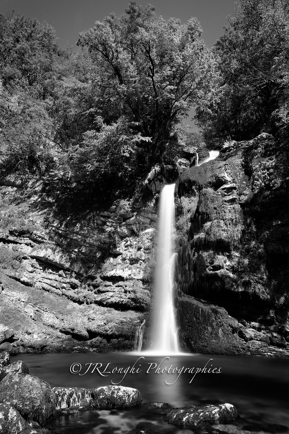 Cascade en plein soleil, en été, les arbres, en feuilles, occupent le haut de la falaise