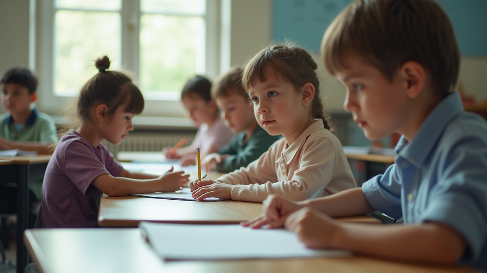 Eye-level view of a classroom with children engaged in learning