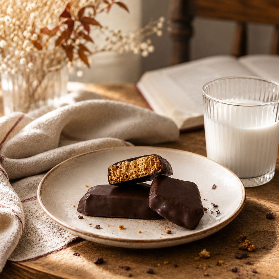 Thumbnail: Dark chocolate sablés biscuits served on a plate with a glass of milk in an afternoon snack setting