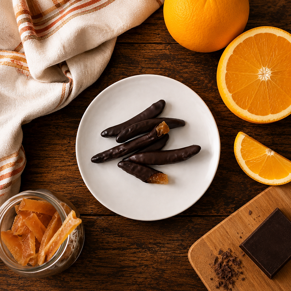 Thumbnail: Dark chocolate orangettes served on a white plate with fresh orange slices, viewed from above