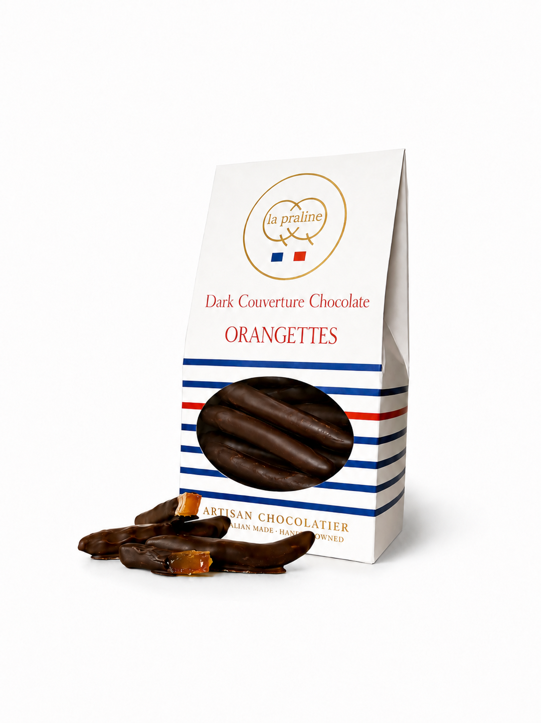 Dark chocolate orangettes in QQ La Praline striped packaging on a white background