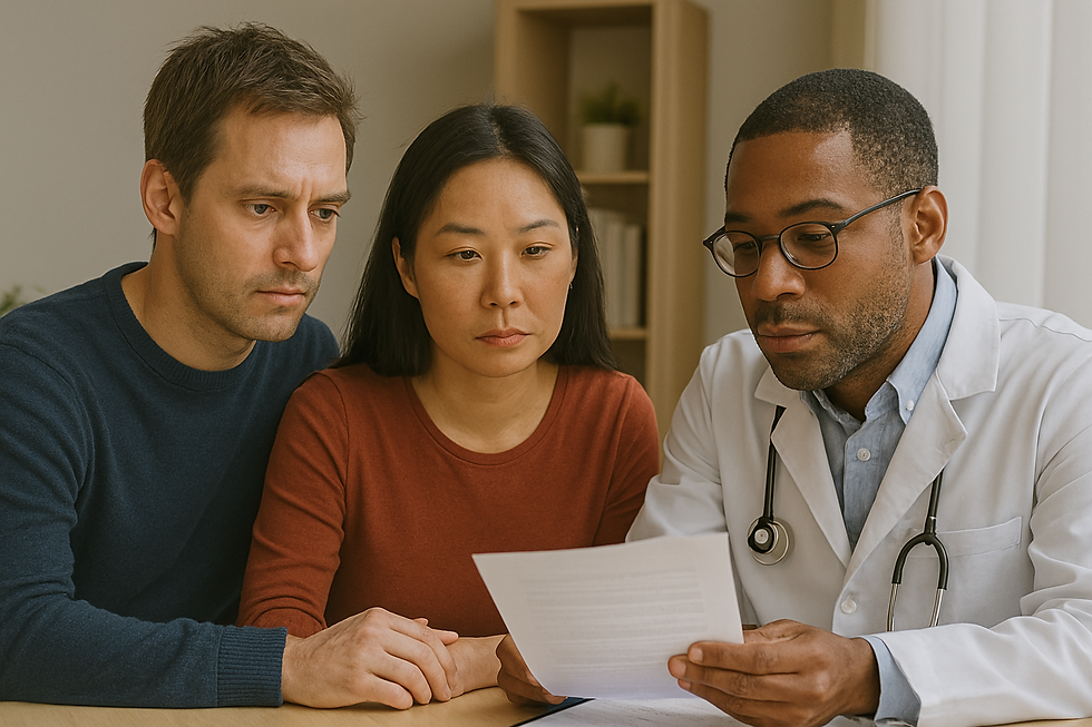 Patient and caregiver speaking with an oncologist during a follow-up visit.