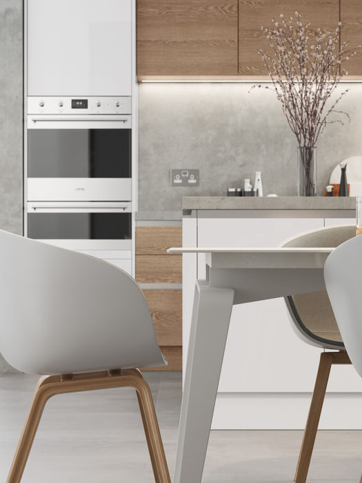 Zola Gloss kitchen in White and Parched Oak by Potters Interiors in Gravesend.