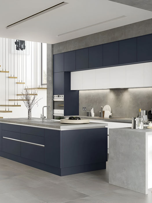 Zola Soft-Matte kitchen in Indigo and White by Potters Interiors in Gravesend.