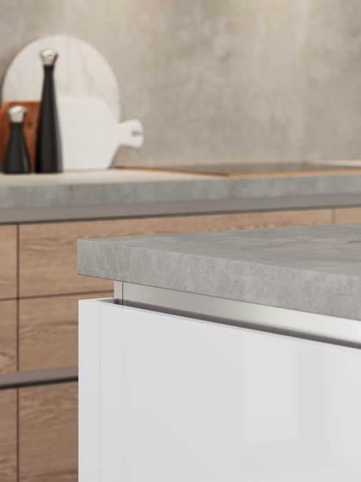 Zola Gloss kitchen in White and Parched Oak by Potters Interiors in Gravesend.