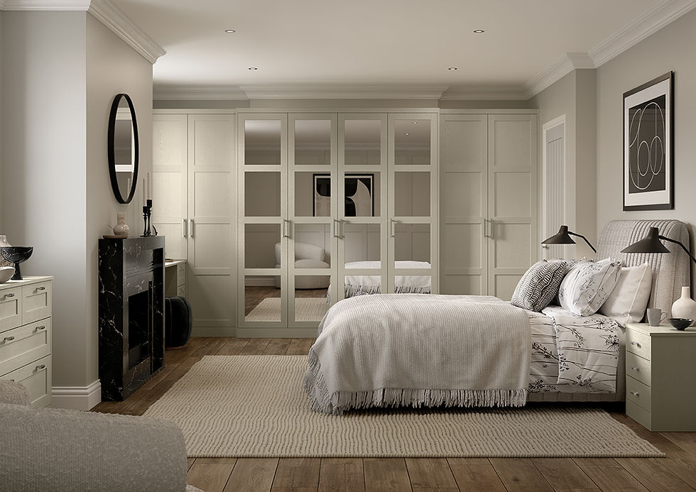 Aldana fitted bedroom furniture in Stone, shown in a complete coordinated room setting