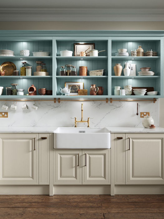 Jacobsen kitchen in Taupe Grey and Light Teal by Potters Interiors in Gravesend.