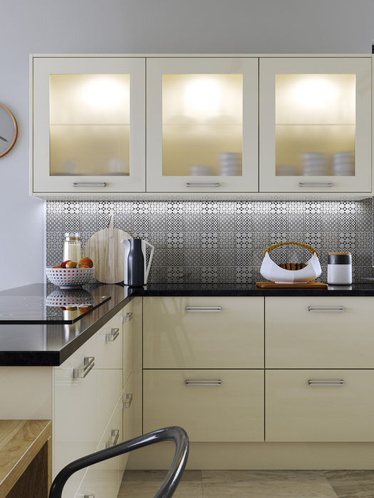 Zola Gloss kitchen in Ivory by Potters Interiors in Gravesend.