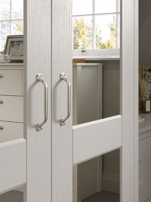 Kensington fitted bedroom furniture in Light Grey, showing the cabinetry, storage and finishing details
