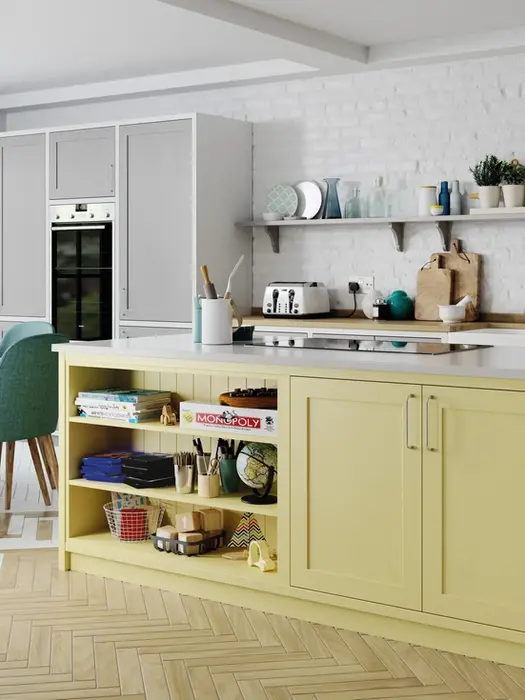 Aldana kitchen in Dust Grey and Pale Yellow and Brilliant White by Potters Interiors in Gravesend.