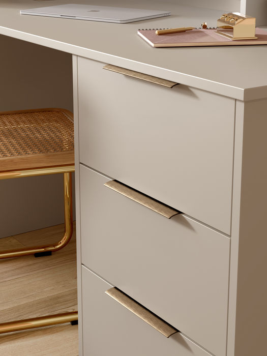 Zola Soft-Matte fitted bedroom furniture in Cashmere, showing the cabinetry, storage and finishing details