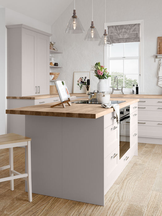 Kensington kitchen in Cashmere by Potters Interiors in Gravesend.