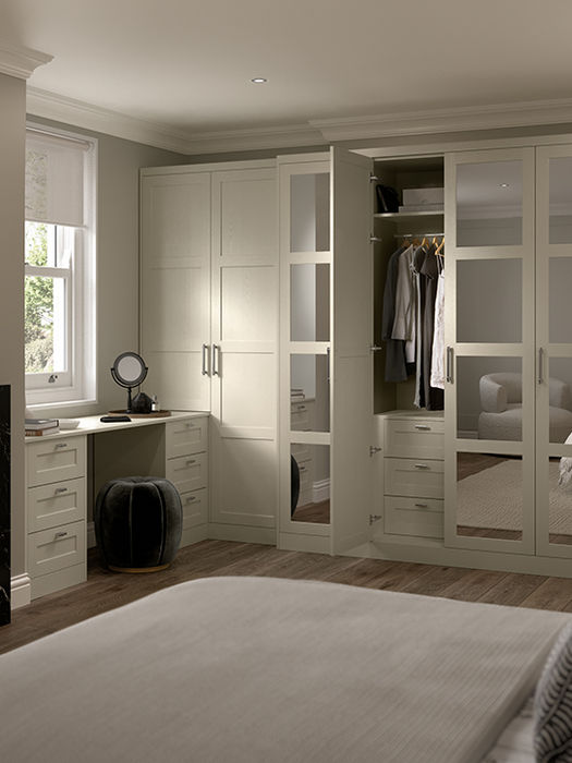 Aldana fitted bedroom furniture in Stone, showing the cabinetry, storage and finishing details