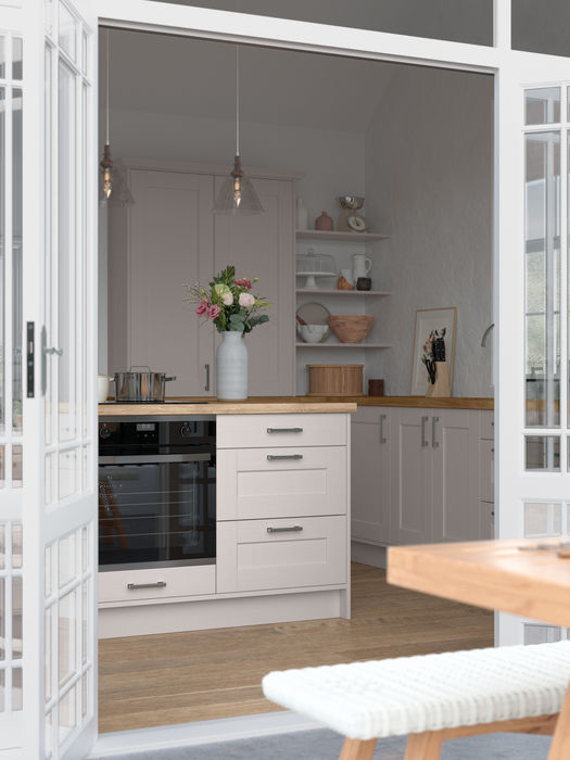 Kensington kitchen in Cashmere by Potters Interiors in Gravesend.