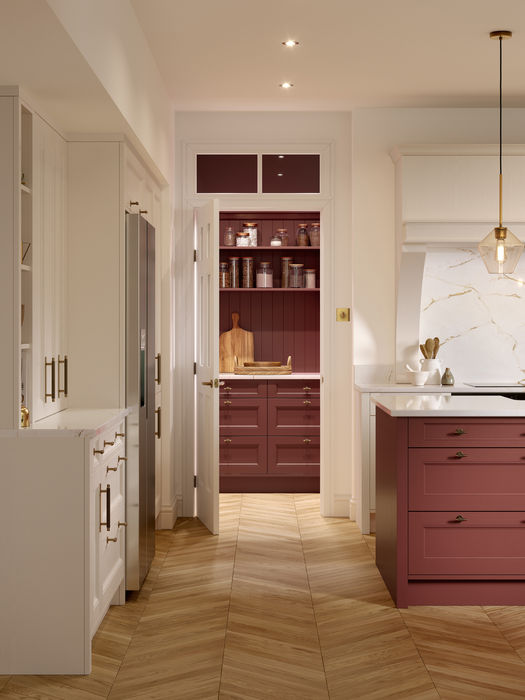 Lawrenson kitchen in Shell and Antique Red by Potters Interiors in Gravesend.
