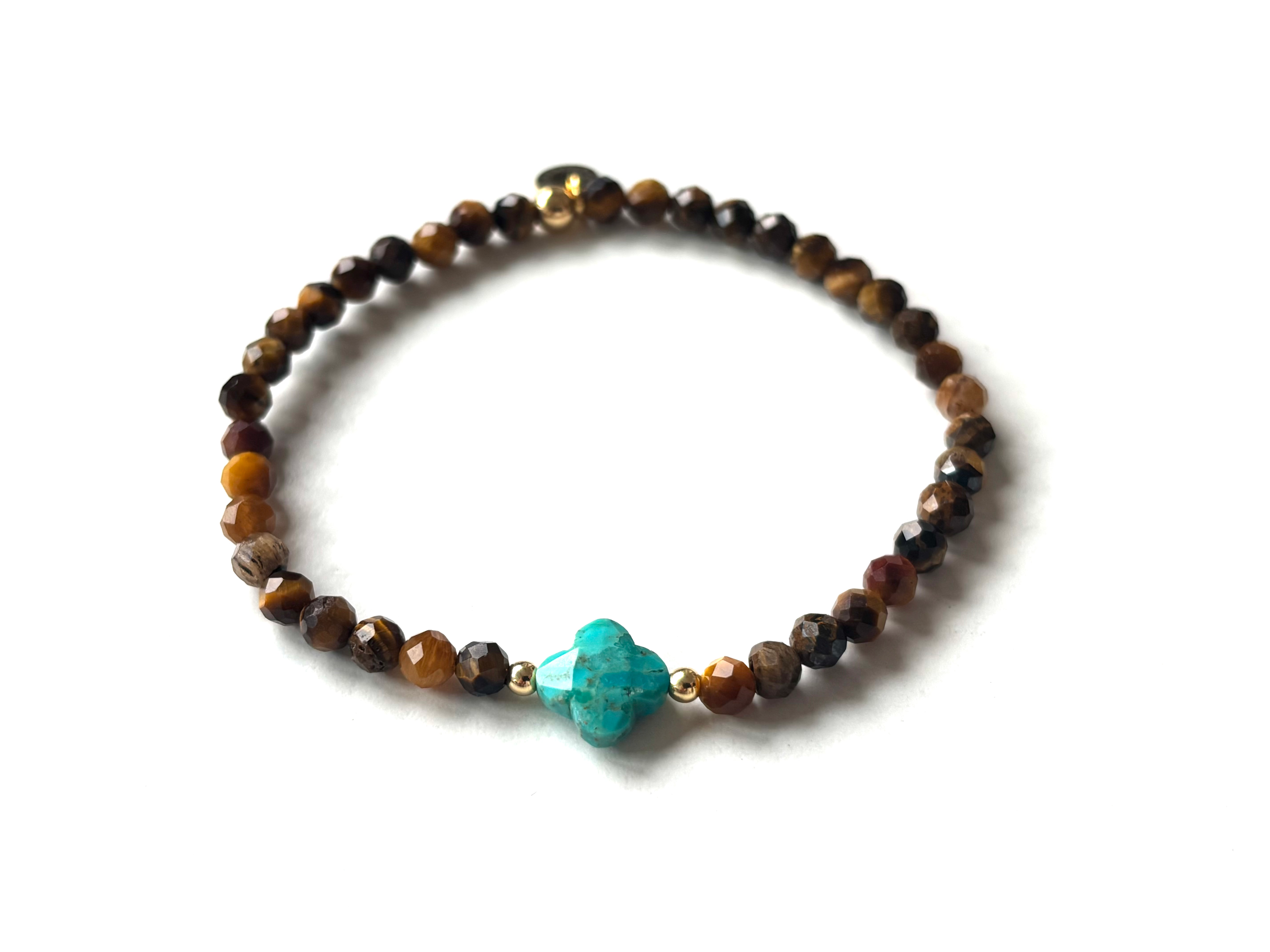 Bracelet en Œil de tigre & Trèfle en Turquoise