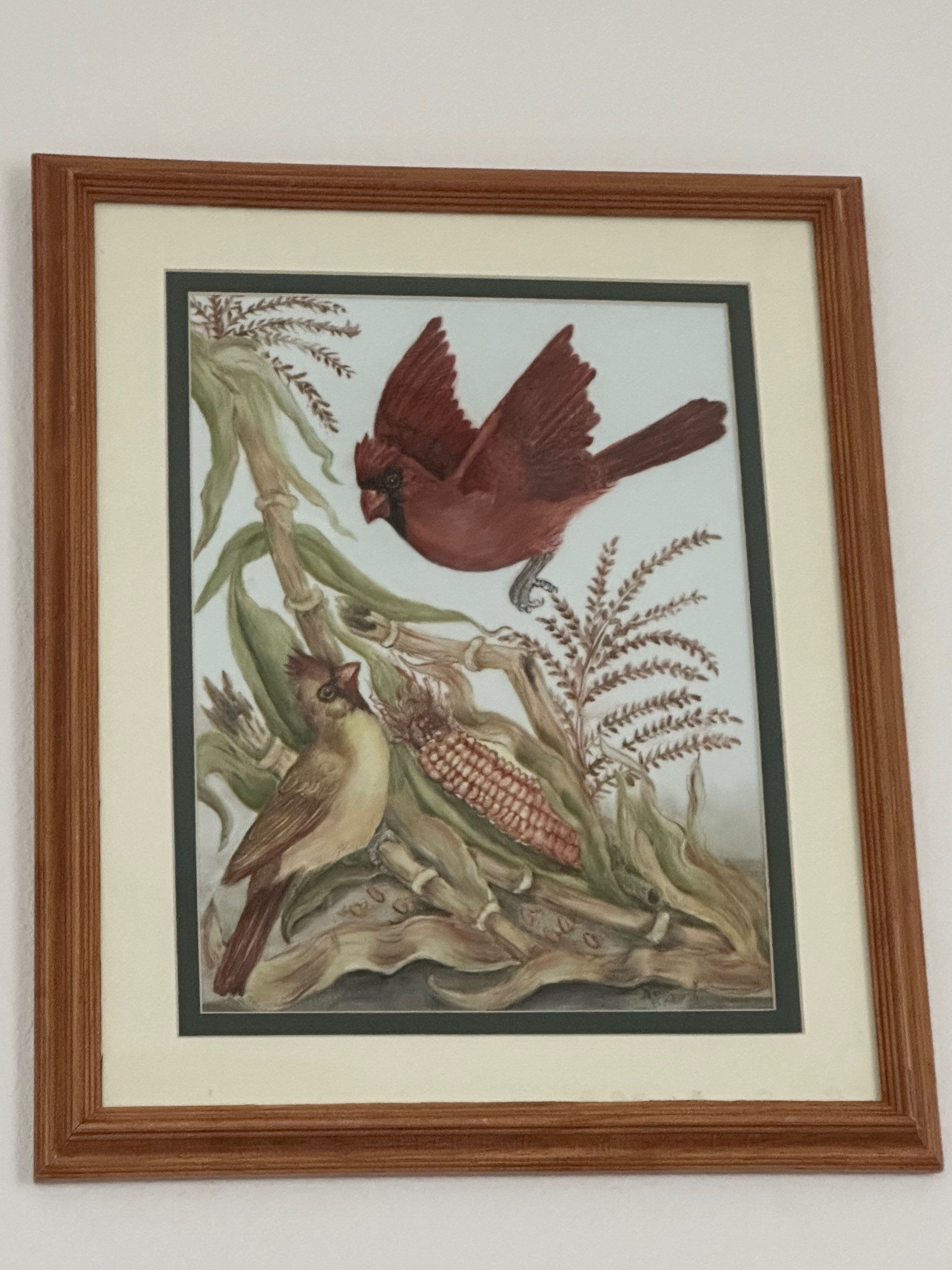 front side of oil painting on ceramic, birds on corn