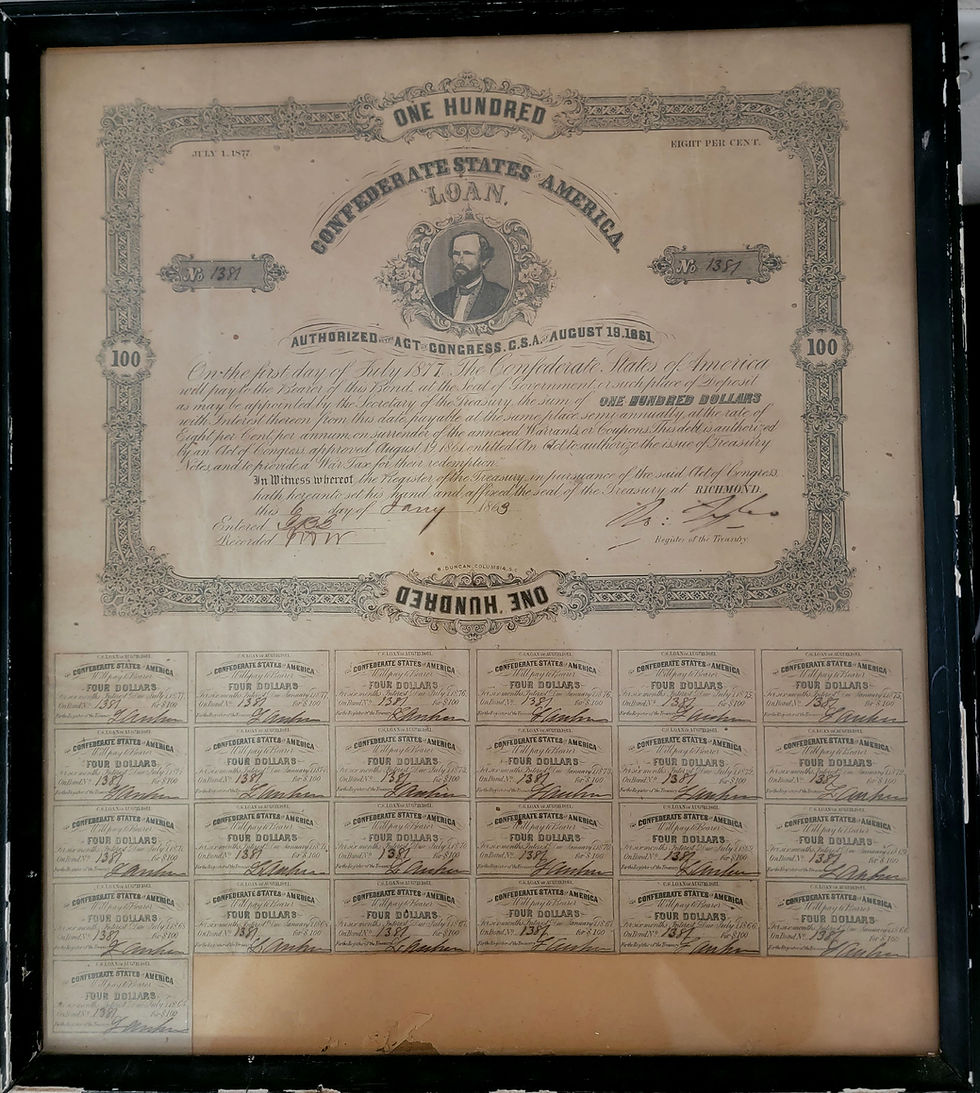 1863 Civil War Confederate $100 Bond with 25 ($4.00) Coupons Attached