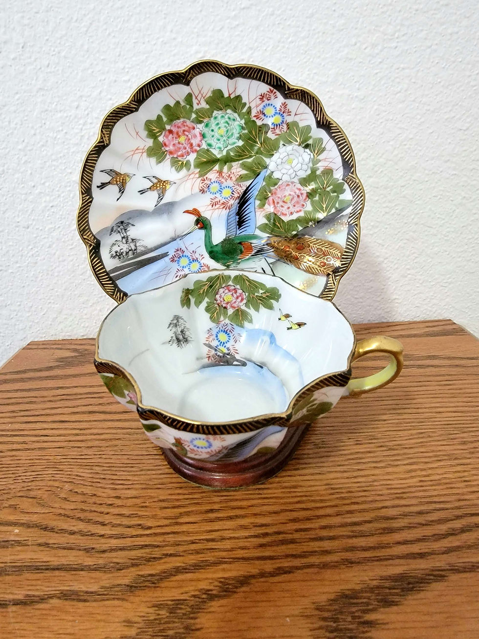 teacup and saucer, Japanese, peacock, blue, green, white, hand painted, occupied Japan