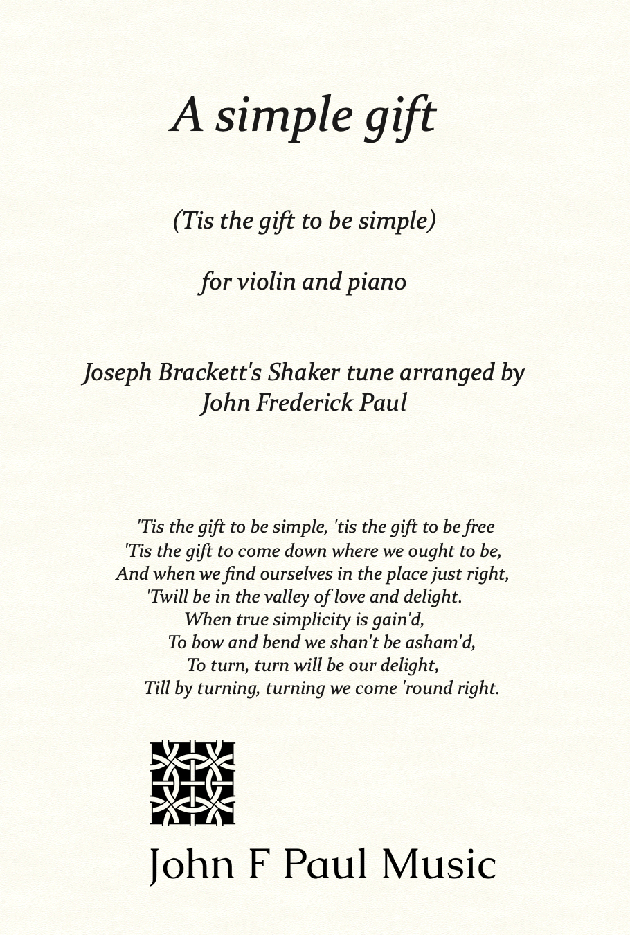 Cover page to the score A Simple Gift for violin and piano