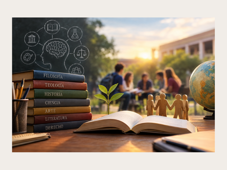 Libros de filosofía, teología, historia, ciencia, arte, literatura y derecho junto a un grupo de estudiantes universitarios, símbolo de la educación integral y el diálogo interdisciplinario.
