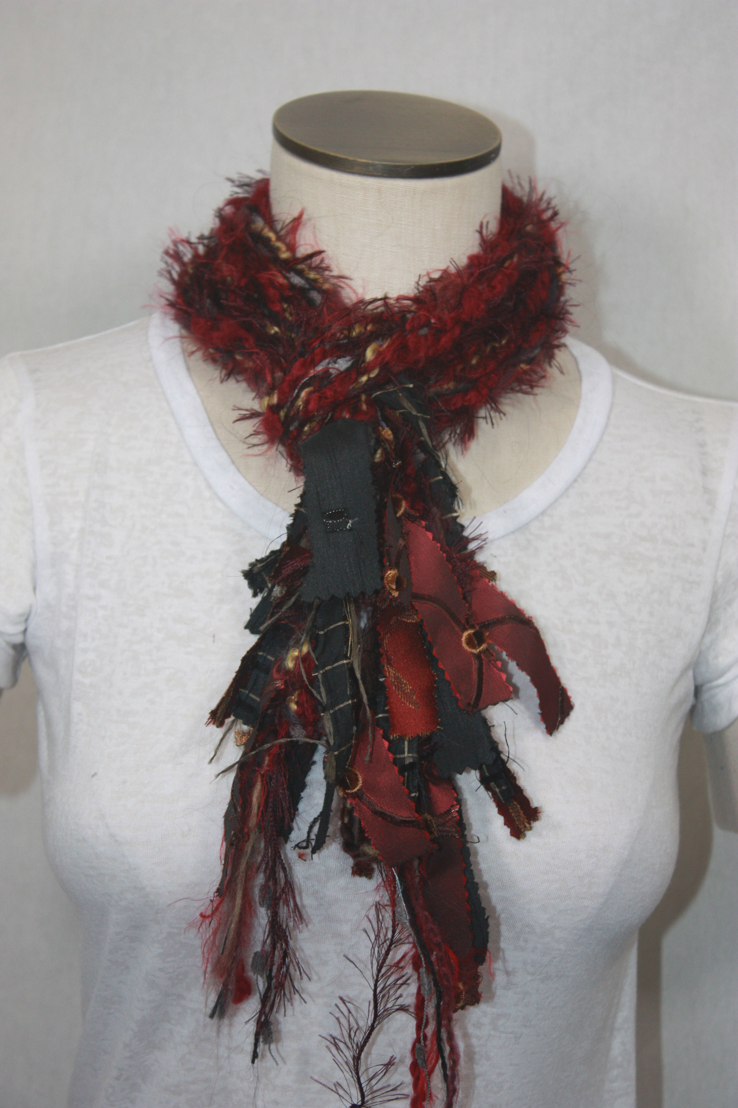 Burgundy Crocheted Yarn Rope Scarf with Texture Fringe