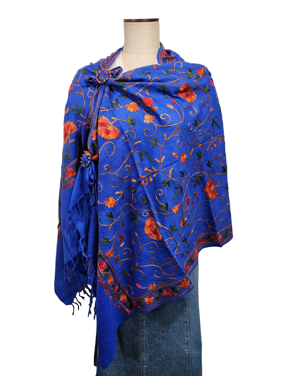 Thumbnail: Royal Blue Embroidered Kashmir 100% Wool 4 Way Ponchos Pashmina Scarf