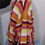 Thumbnail: Upcycled Orange Burgundy Stripe Sweater Poncho Handknotted Fringe Crochet Scarf