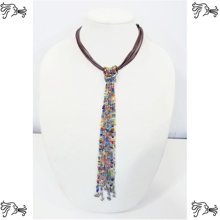 Thumbnail: Multistrand Brown Leather Choker w/ Beaded Strands Necklace