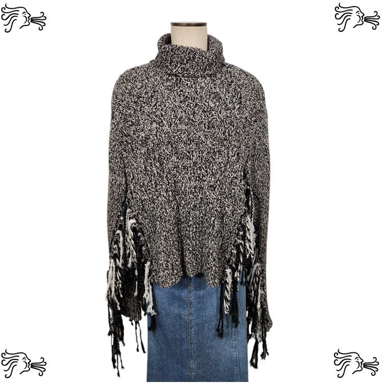 Thumbnail: Upcycled Black White Sweater Poncho Handknotted Fringe PL Apt 9