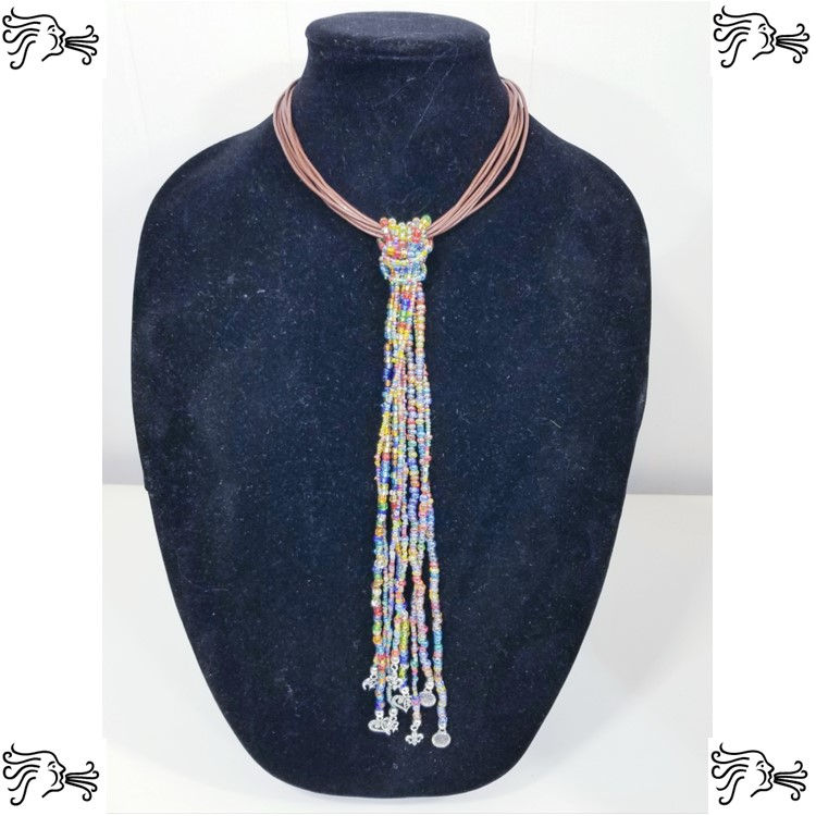 Multistrand Brown Leather Choker w/ Beaded Strands Necklace