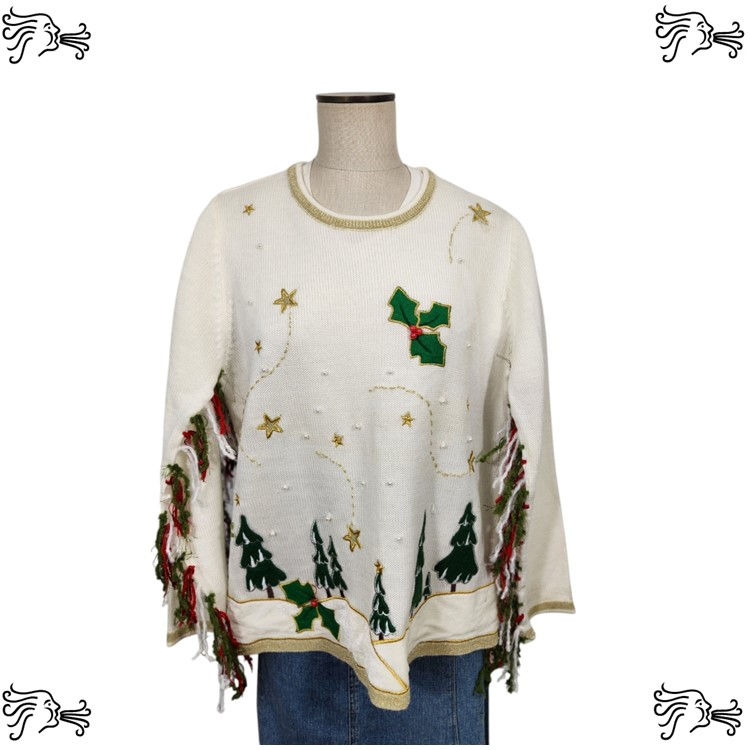 Thumbnail: Upcycled Christmas Holiday Sweater Poncho Handknotted Fringe Crochet Scarf
