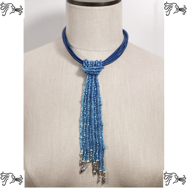 Thumbnail: Multistrand Blue Turquoise Leather Choker w/ Beaded Strands Necklace & Celtic Kn