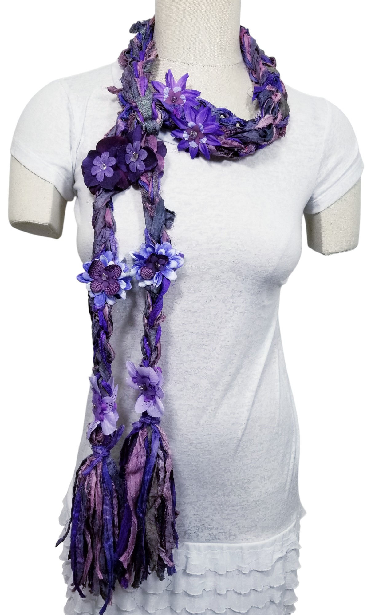 Purple Crocheted Recycled Sari Silk Scarf Silk Flo