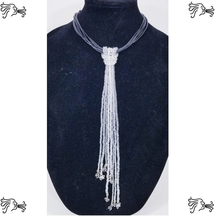 Multistrand Black Leather Choker w/ Beaded Strands Necklace