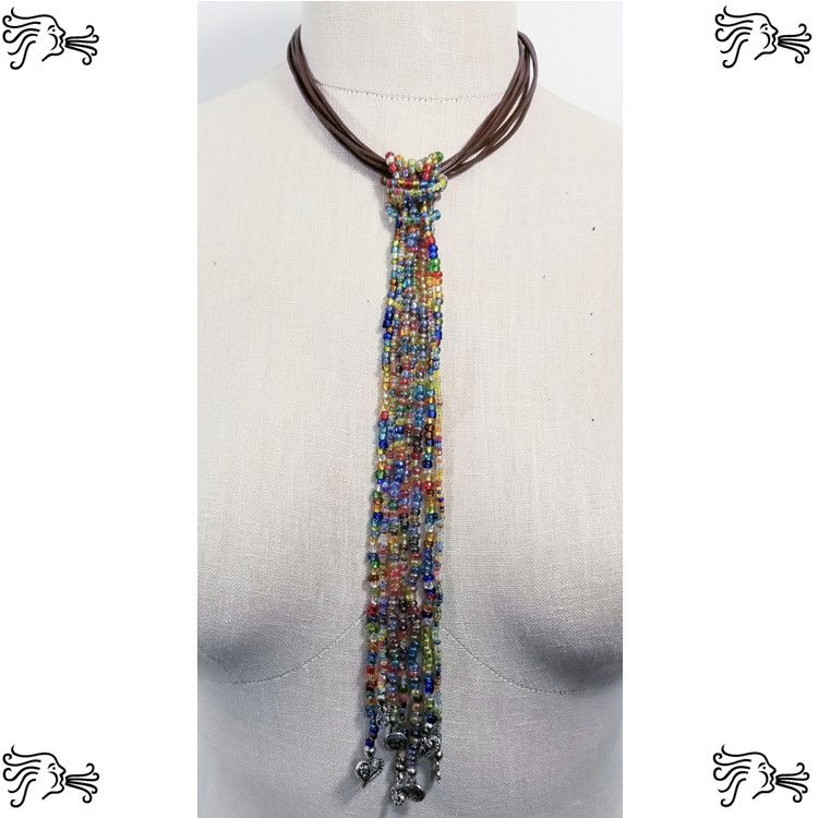 Thumbnail: Multistrand Brown Leather Choker w/ Beaded Strands Necklace