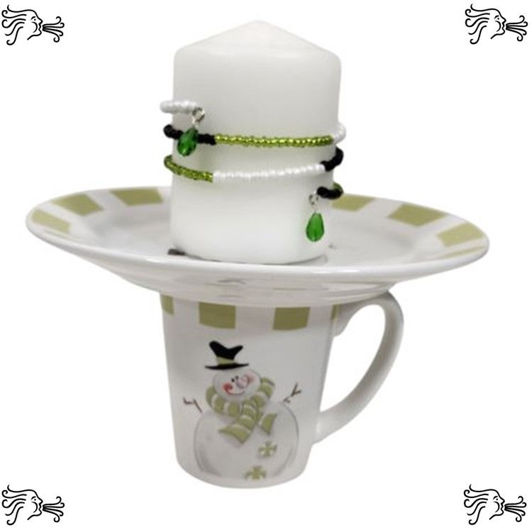 Upcycled Coffee Mug Candle Holder, Christmas Snowman Jewelry Tray, Bracelet