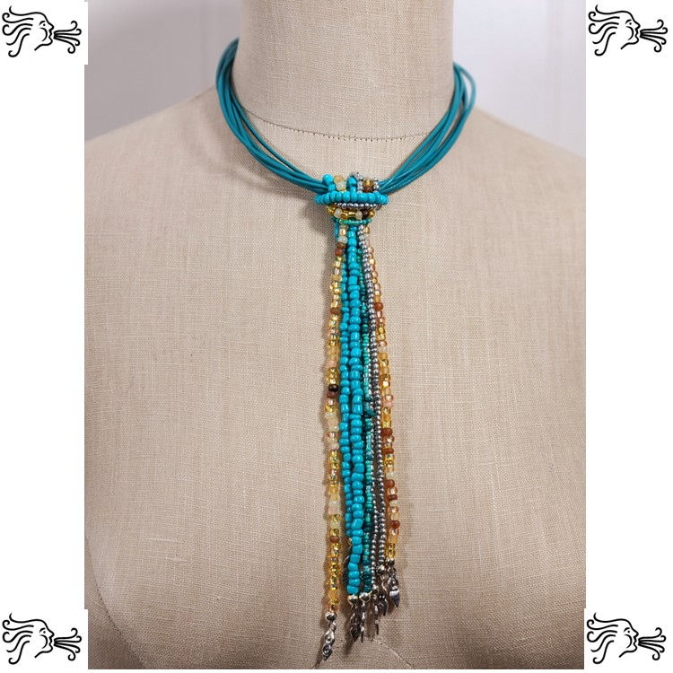 Thumbnail: Multistrand Turquoise Green Leather Choker w/ Beaded Strands Necklace & Celtic K