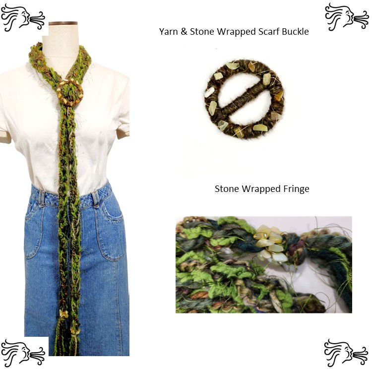 Green Crocheted Yarn Rope Scarf with Green Jasper Stone