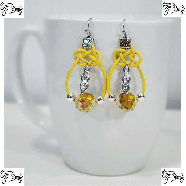 Thumbnail: Multistrand Yellow Leather Choker w/ Beaded Strands Necklace & Celtic Knot Earri