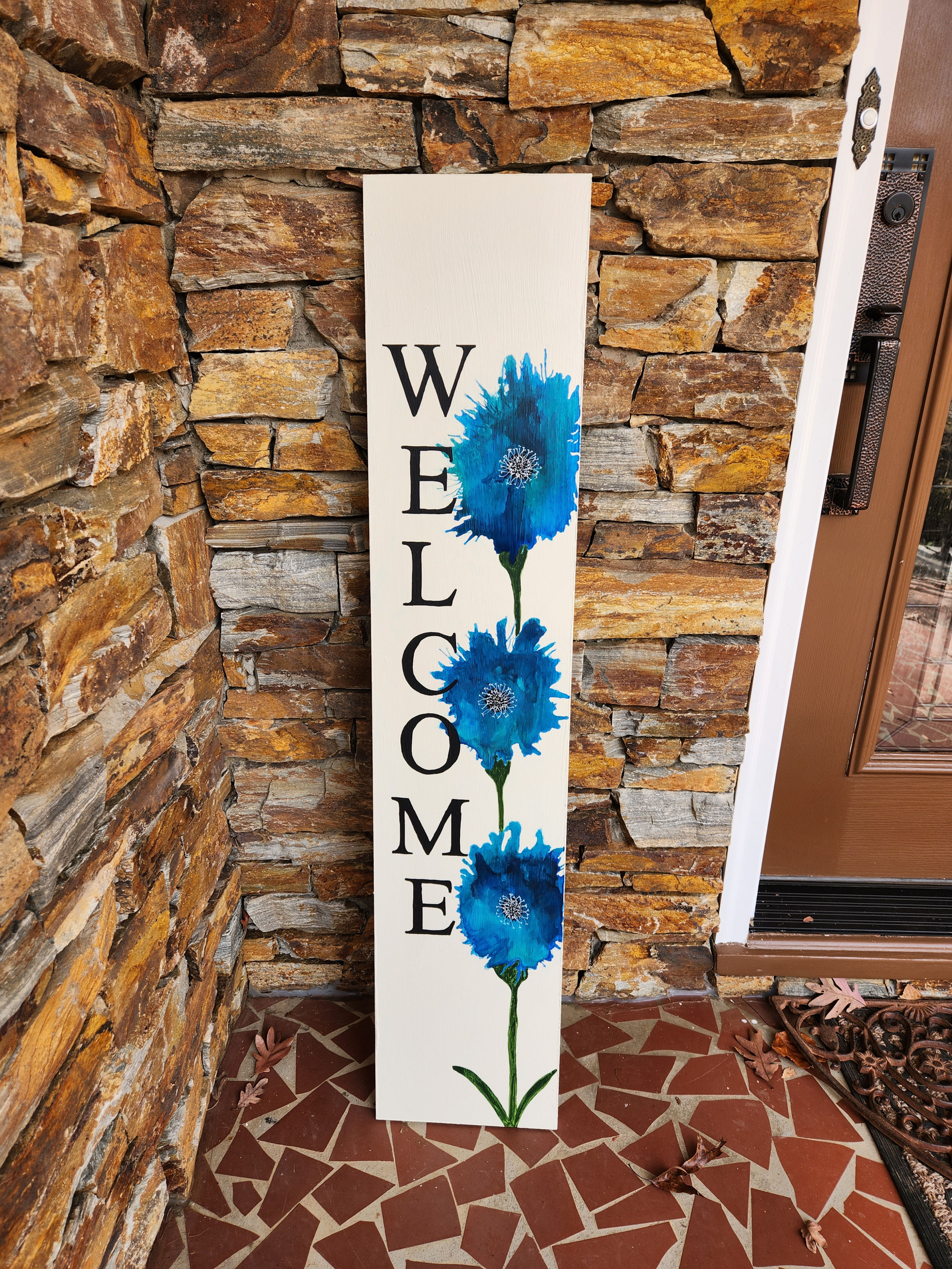 Turquoise Flower Welcome Porch Leaner Sign