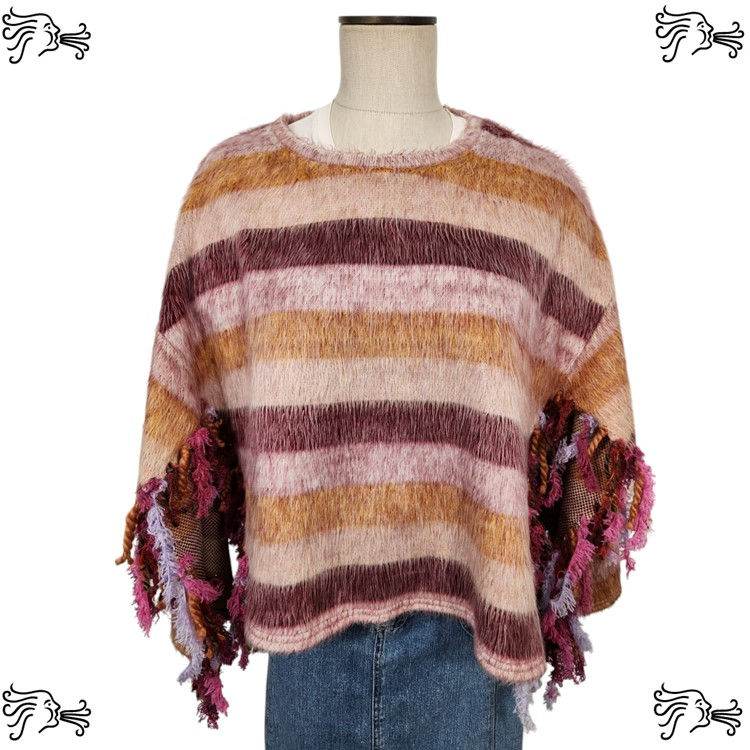 Thumbnail: Upcycled Mauve Striped Sweater Poncho Handknotted Fringe Crocheted Scarf  M