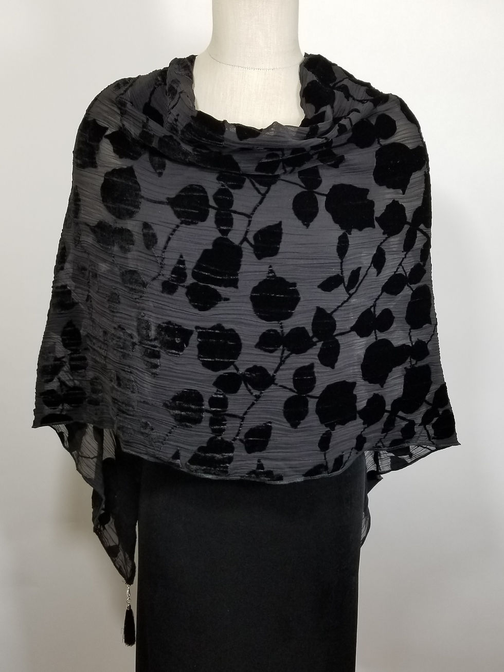 Thumbnail: Black Burnout Velvet Poncho with Detachable Tassels